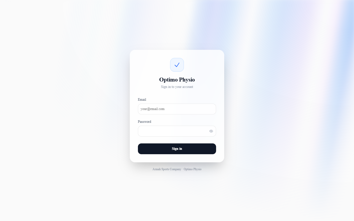 Public login screen for the Optimo Physio internal operations platform.