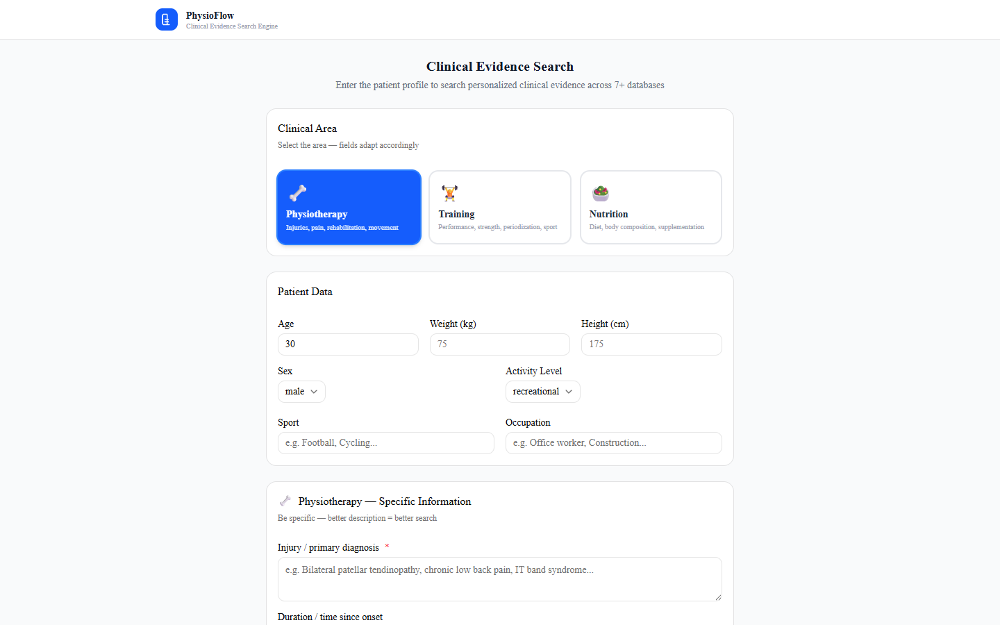 Initial clinical research intake screen in PhysioFlow with default demonstration values.