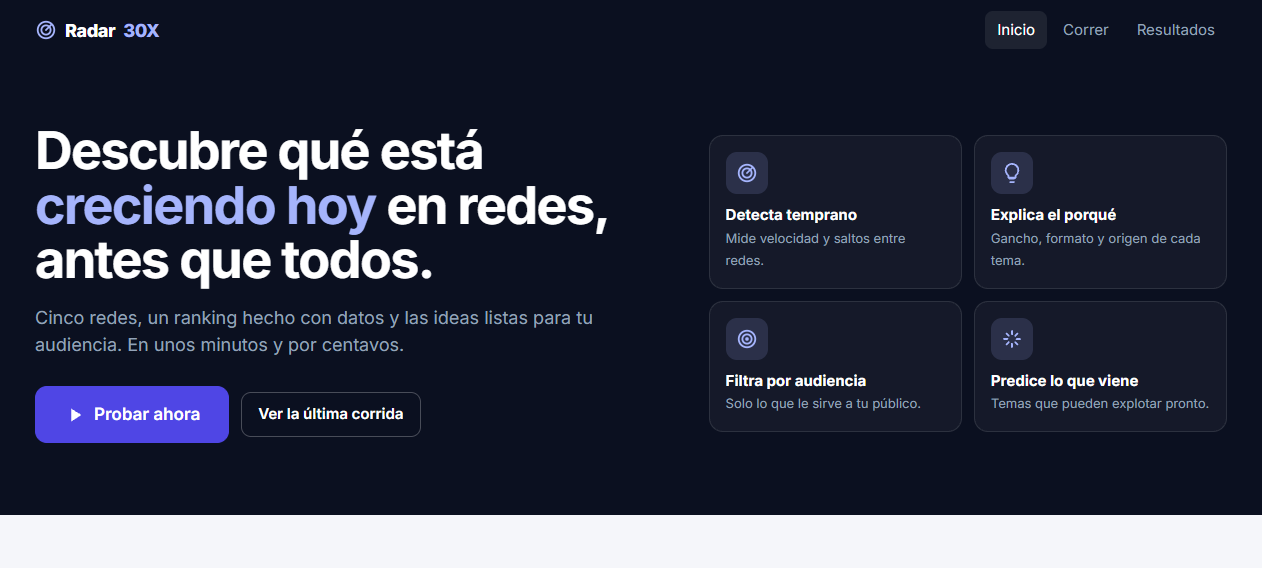 Radar 30X public homepage explaining signal detection, ranking and audience-focused ideas.