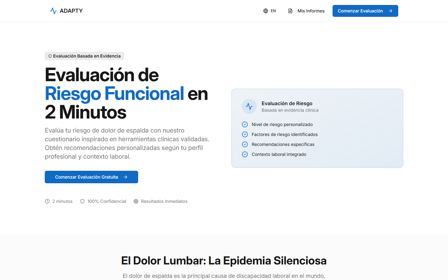 Spine Diagnostic homepage showing its functional back-risk assessment.